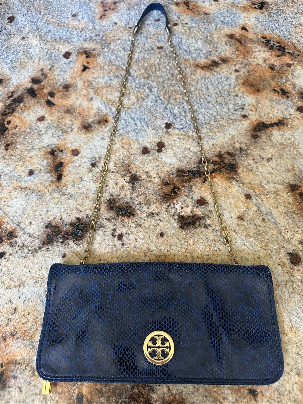 Tory Burch Navy Snake-Embossed Crossbody Wallet with Gold Chain